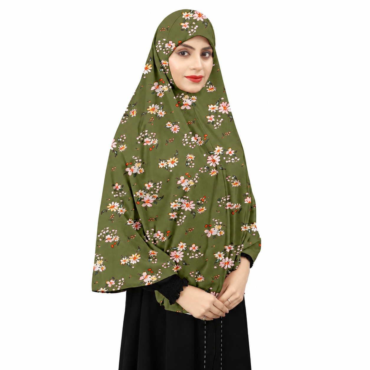 Premium Olive Green Floral Print Instant Khimar Hijab with Sleeves – Soft Stretch Jersey