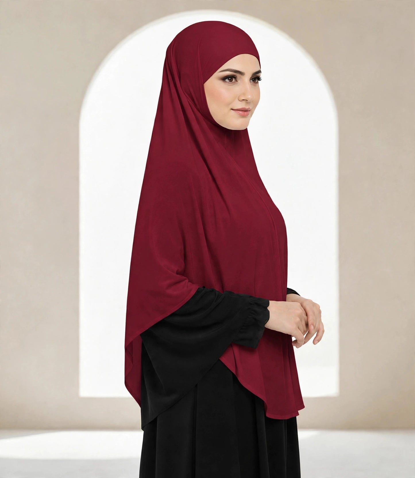 Premium Wine Instant Khimar Hijab with Black Lace Cuff Sleeves | Soft & Elegant Full Coverage | Marjina Trends