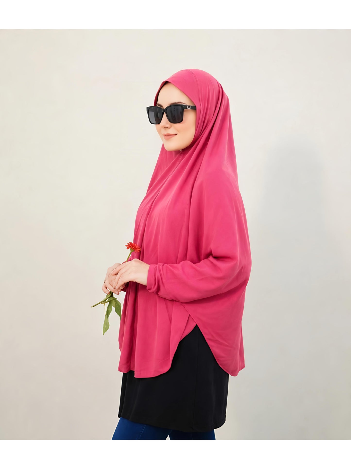 Premium Instant Khimar Hijab with Sleeves – Rose Pink | Soft Stretch Jersey
