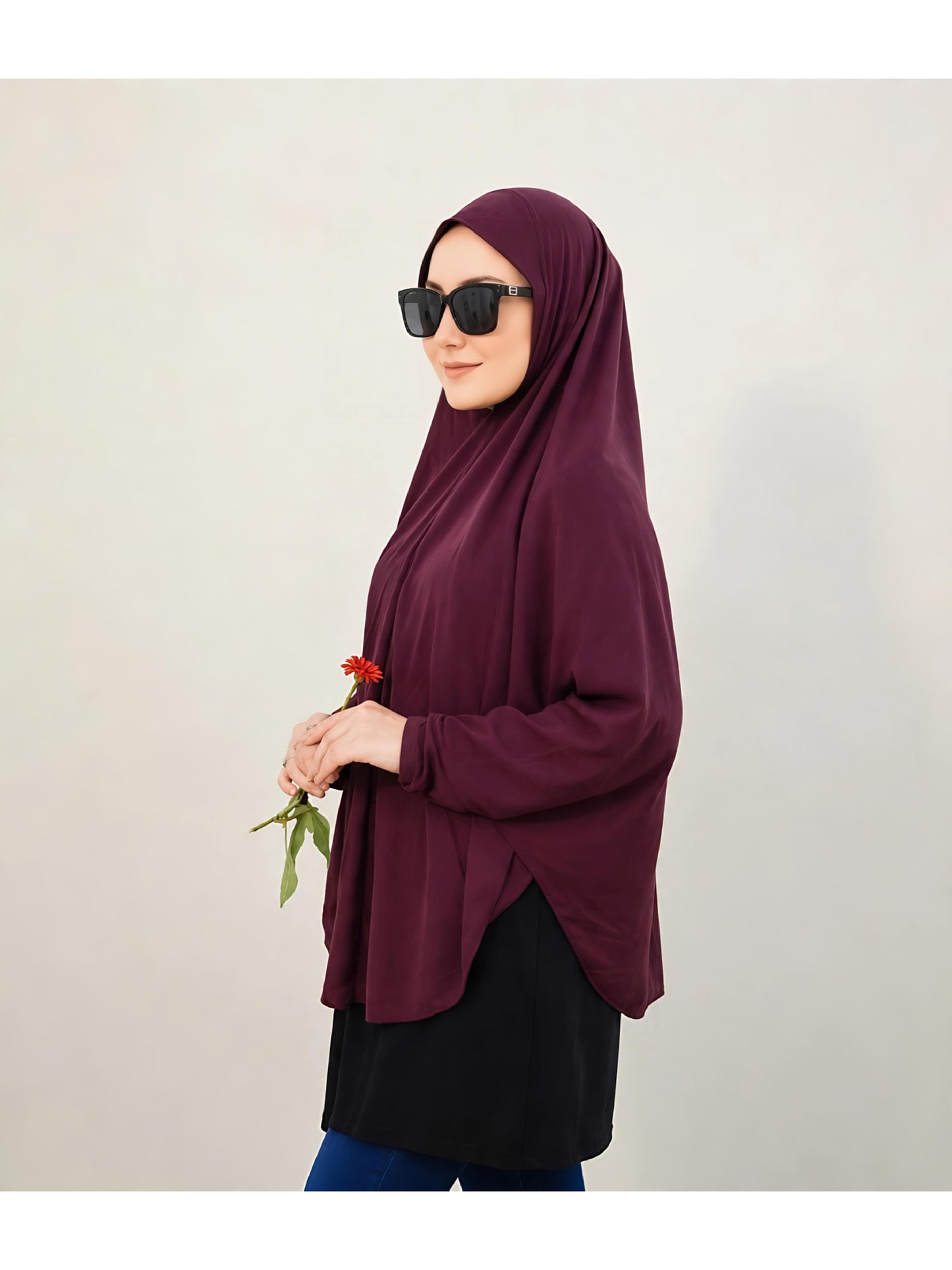 Premium Instant Khimar Hijab with Sleeves – Deep Plum | Soft Stretch Jersey