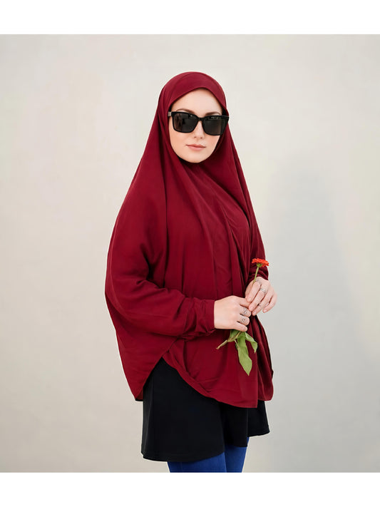 Premium Instant Khimar Hijab with Sleeves – Maroon | Soft Stretch Jersey