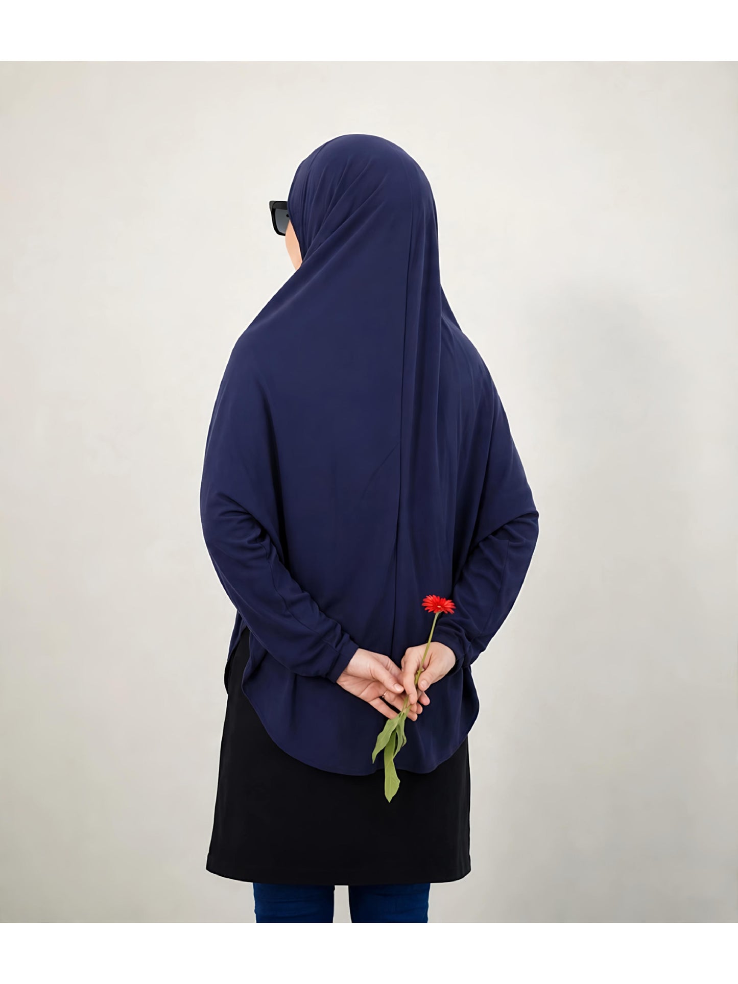 Premium Instant Khimar Hijab with Sleeves – Navy Blue | Soft Stretch Jersey