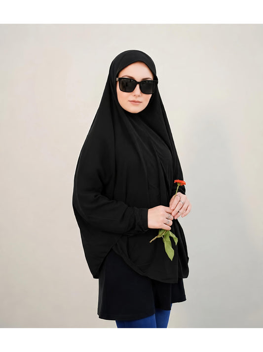 Premium Instant Khimar Hijab with Sleeves – Classic Black | Soft Stretch Jersey