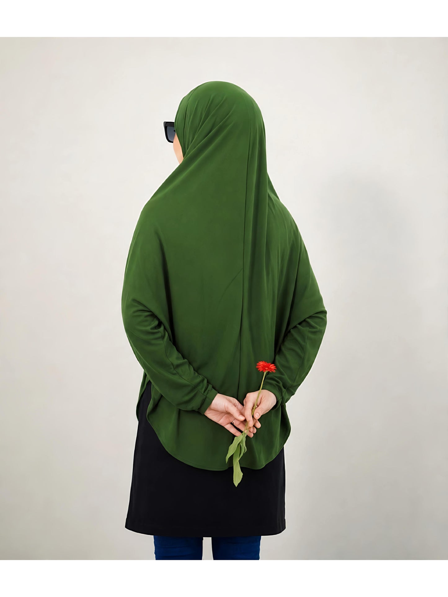 Premium Instant Khimar Hijab with Sleeves – Forest Green | Soft Stretch Jersey