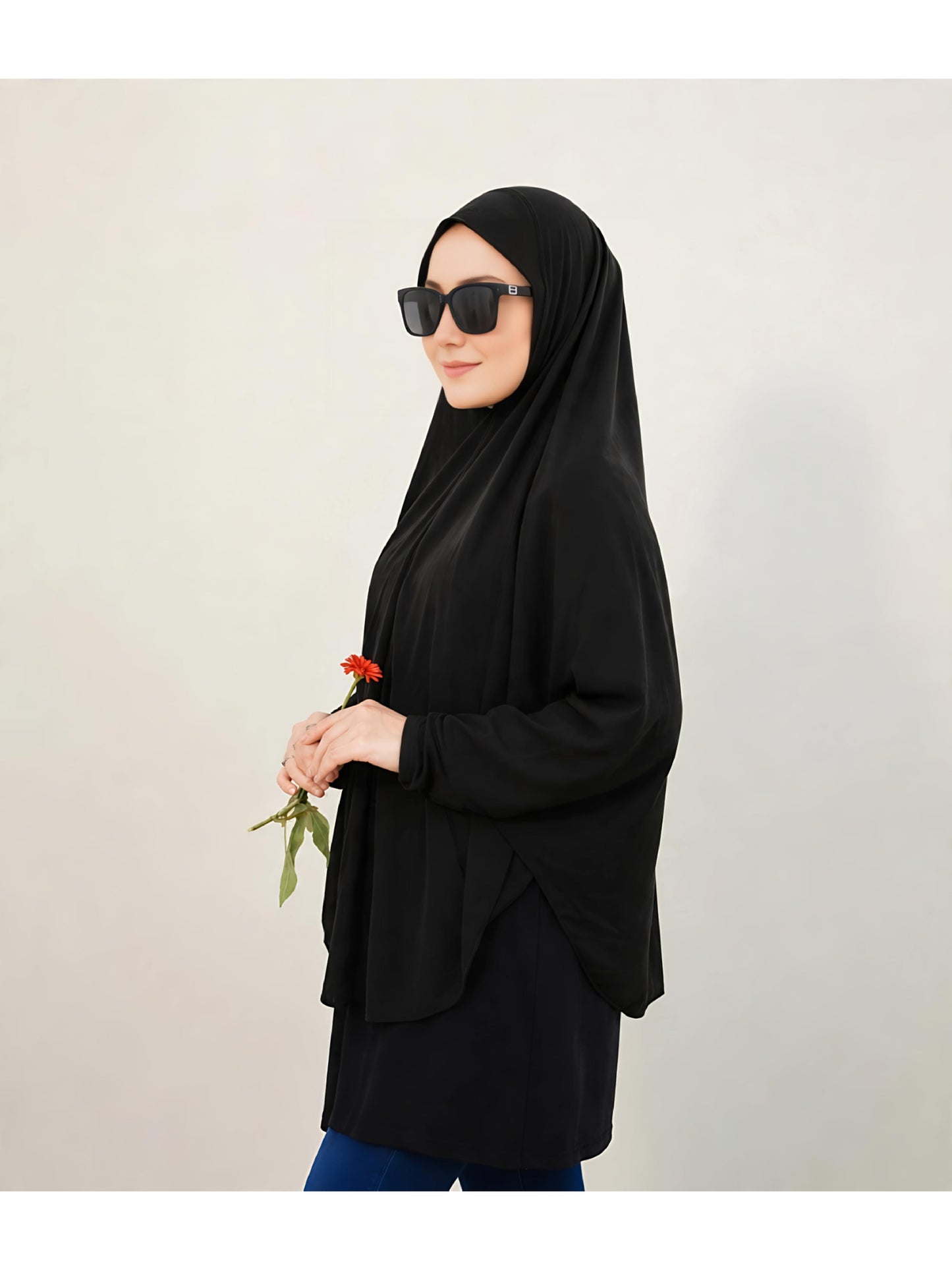 Premium Instant Khimar Hijab with Sleeves – Classic Black | Soft Stretch Jersey