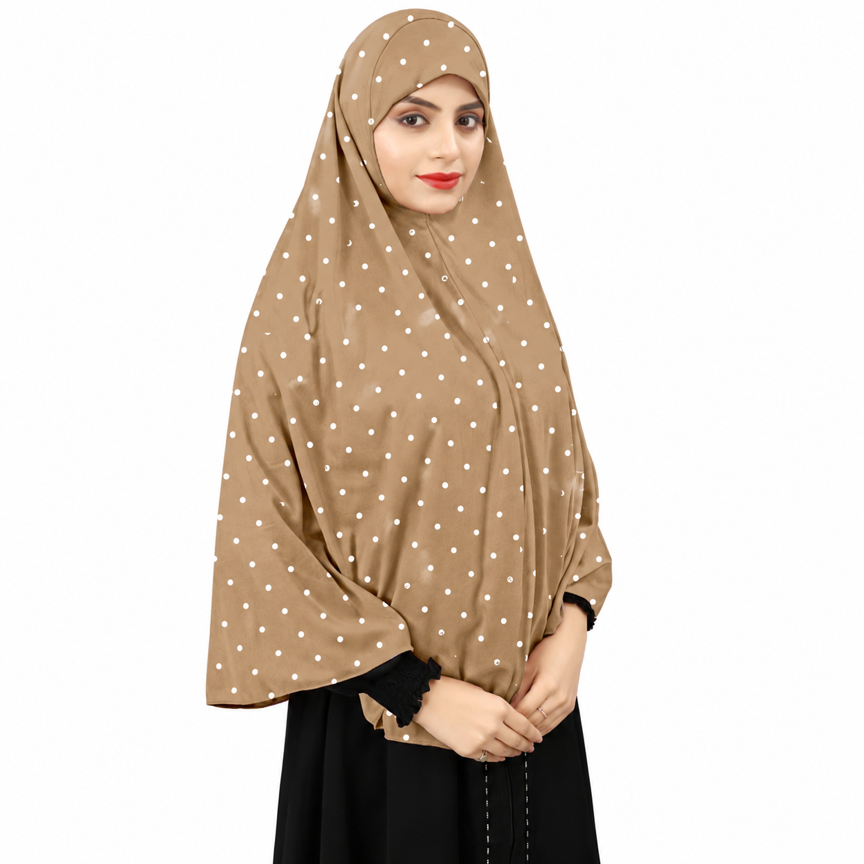 Premium Polka Dot Instant Khimar Hijab with Sleeves – Beige | Soft Stretch Jersey