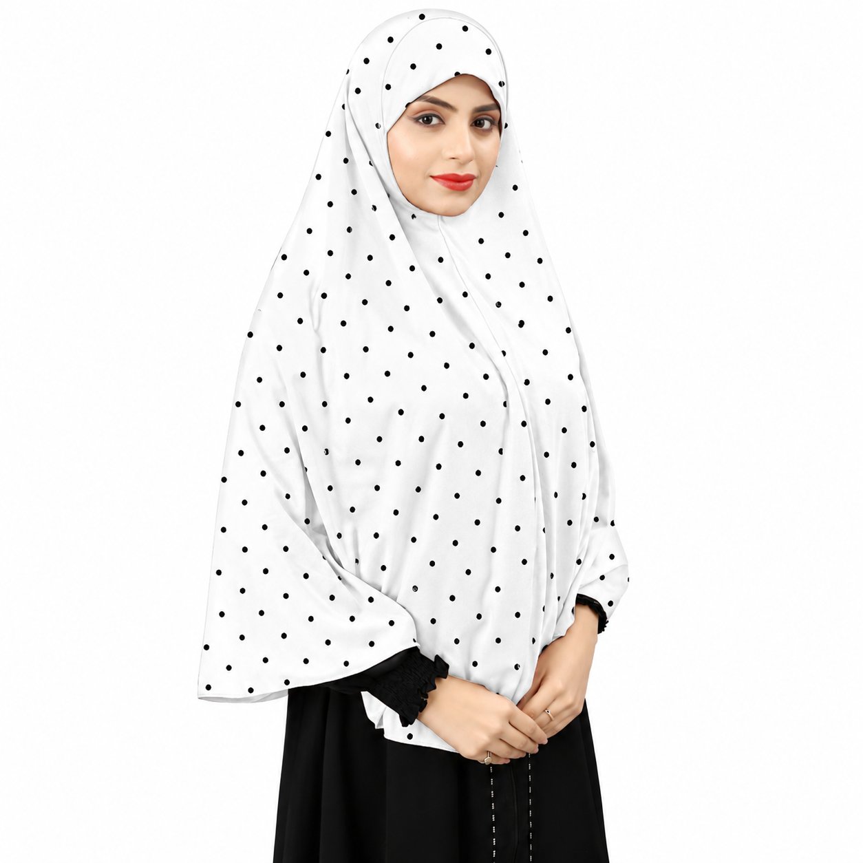 Premium Polka Dot Instant Khimar Hijab with Sleeves – White | Soft Stretch Jersey