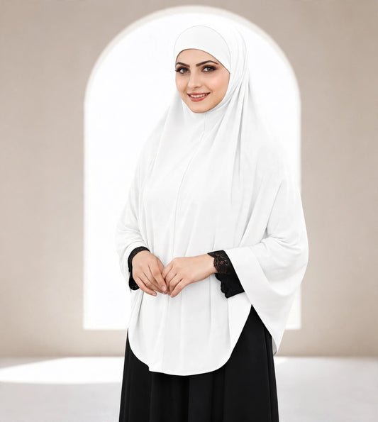 Premium White Instant Khimar Hijab with Black Flared Sleeve Cuffs | Soft & Elegant Full Coverage | Marjina Trends