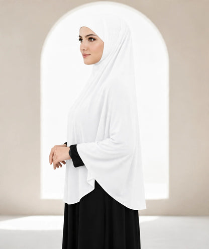Premium White Instant Khimar Hijab with Black Flared Sleeve Cuffs | Soft & Elegant Full Coverage | Marjina Trends
