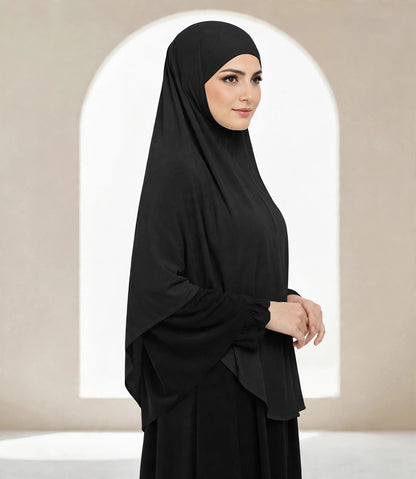 Premium Black Instant Khimar Hijab with Black Lace Cuff Sleeves | Soft & Elegant Full Coverage | Marjina Trends