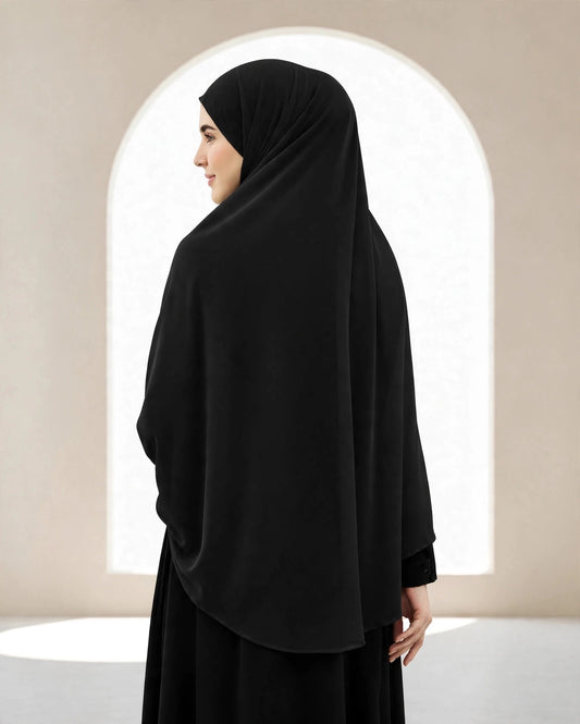 Premium Black Instant Khimar Hijab with Black Lace Cuff Sleeves | Soft & Elegant Full Coverage | Marjina Trends