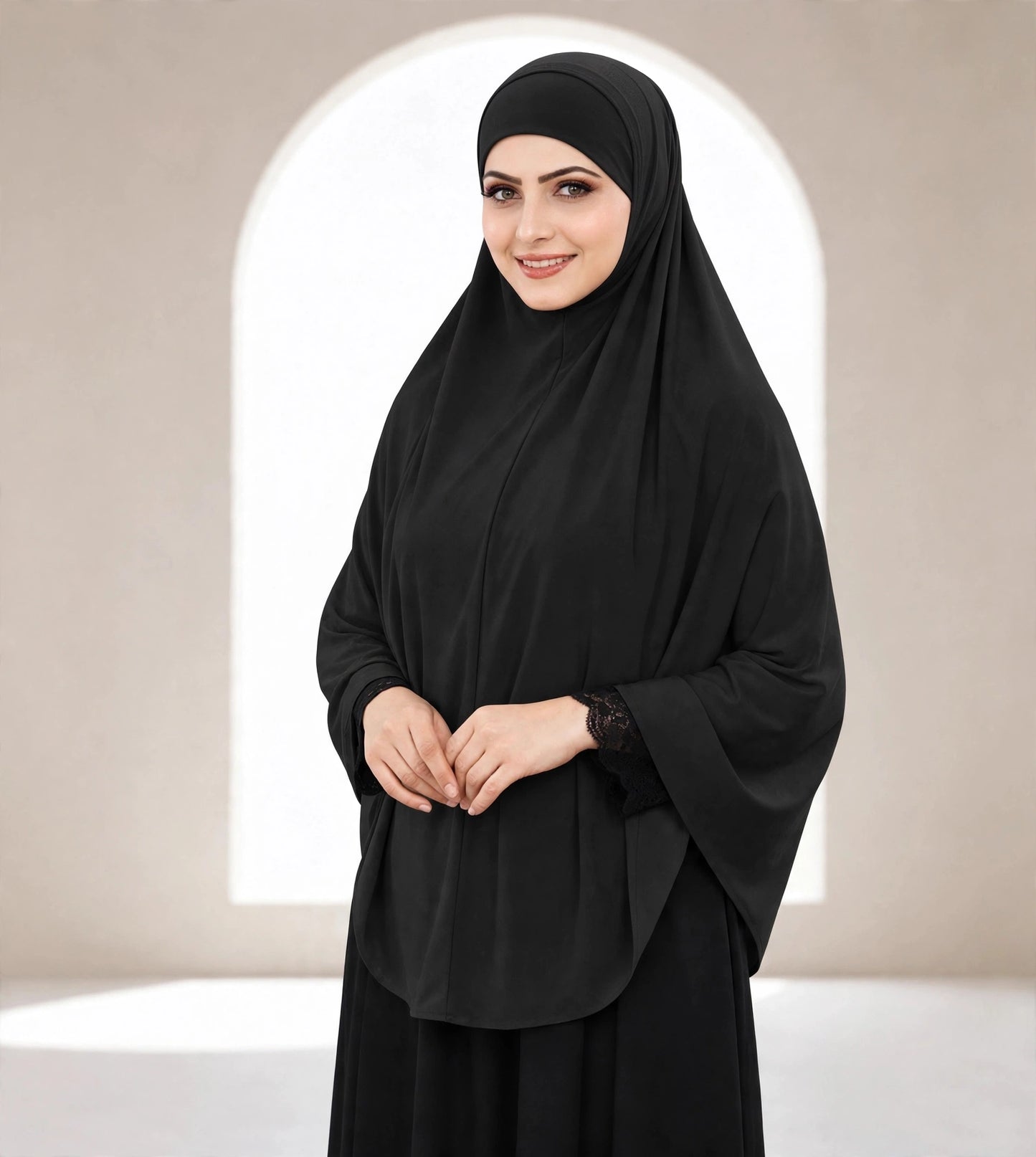 Premium Black Instant Khimar Hijab with Black Lace Cuff Sleeves | Soft & Elegant Full Coverage | Marjina Trends
