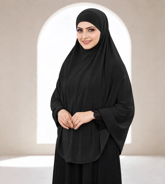 Premium Black Instant Khimar Hijab with Black Lace Cuff Sleeves | Soft & Elegant Full Coverage | Marjina Trends