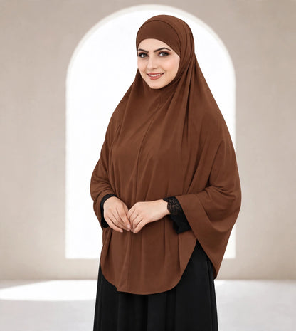 Premium Chocolate Brown Instant Khimar Hijab with Black Lace Cuff Sleeves | Soft & Elegant Full Coverage | Marjina Trends
