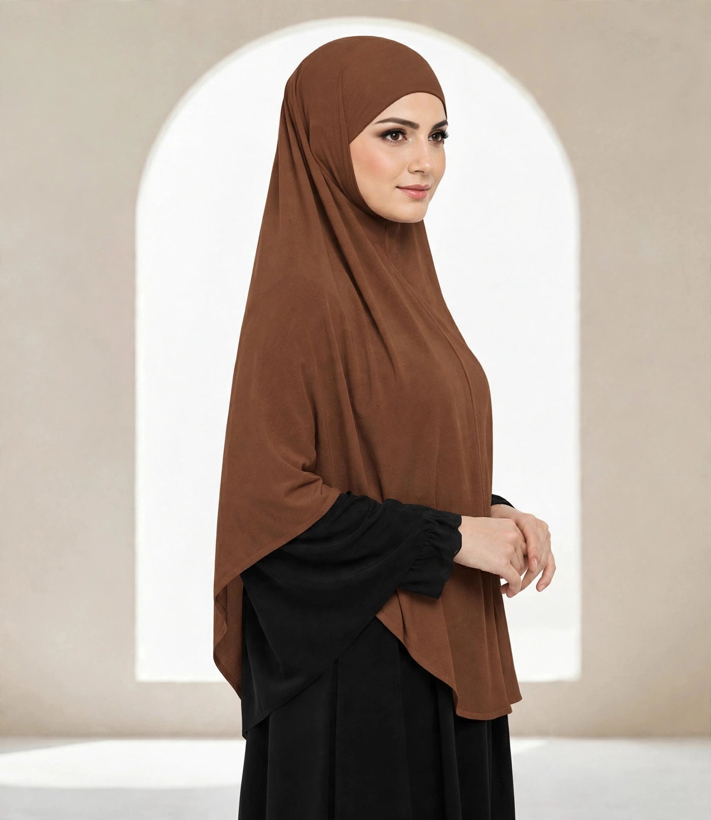 Premium Chocolate Brown Instant Khimar Hijab with Black Lace Cuff Sleeves | Soft & Elegant Full Coverage | Marjina Trends