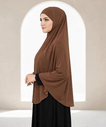 Premium Chocolate Brown Instant Khimar Hijab with Black Lace Cuff Sleeves | Soft & Elegant Full Coverage | Marjina Trends