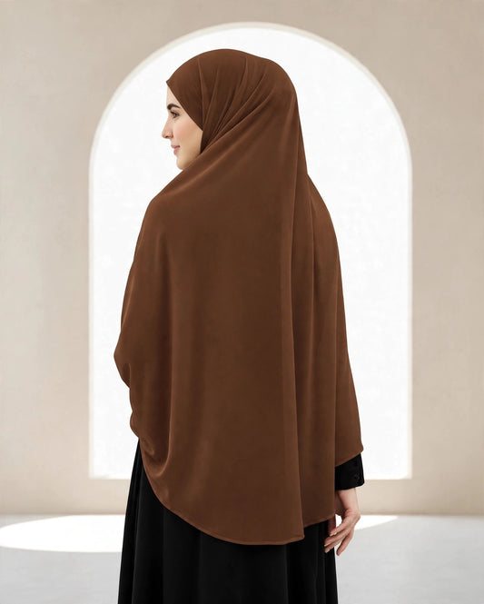 Premium Chocolate Brown Instant Khimar Hijab with Black Lace Cuff Sleeves | Soft & Elegant Full Coverage | Marjina Trends