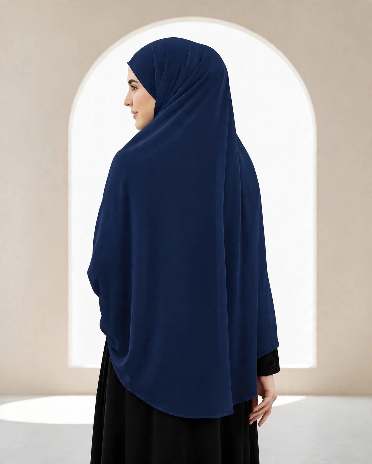 Premium Navy Blue Instant Khimar Hijab with Black Lace Cuff Sleeves | Soft & Elegant Full Coverage | Marjina Trends