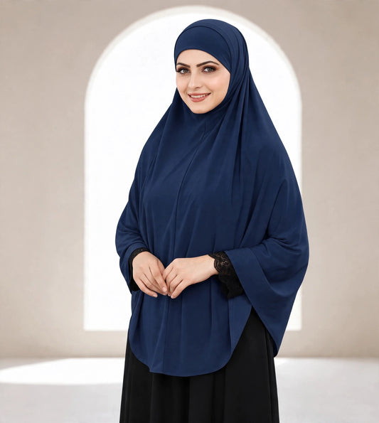 Premium Navy Blue Instant Khimar Hijab with Black Lace Cuff Sleeves | Soft & Elegant Full Coverage | Marjina Trends