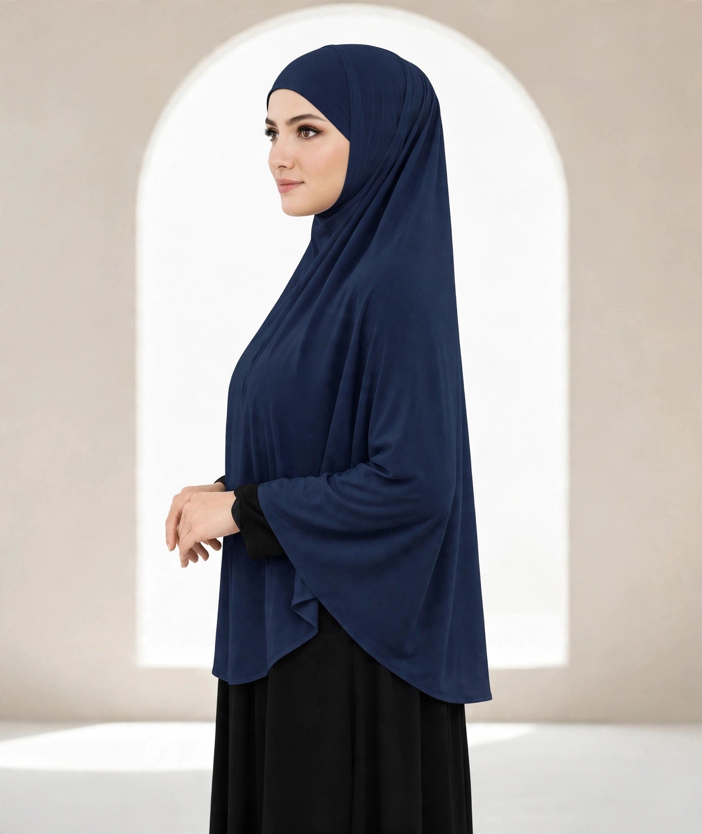 Premium Navy Blue Instant Khimar Hijab with Black Lace Cuff Sleeves | Soft & Elegant Full Coverage | Marjina Trends