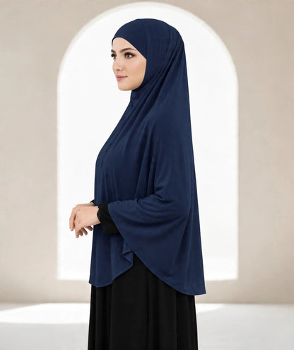 Premium Navy Blue Instant Khimar Hijab with Black Lace Cuff Sleeves | Soft & Elegant Full Coverage | Marjina Trends