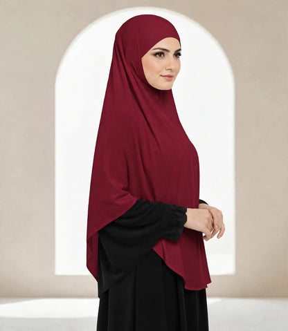 Premium Wine Instant Khimar Hijab with Black Lace Cuff Sleeves | Soft & Elegant Full Coverage | Marjina Trends