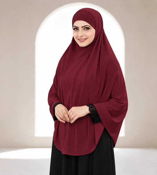 Premium Wine Instant Khimar Hijab with Black Lace Cuff Sleeves | Soft & Elegant Full Coverage | Marjina Trends