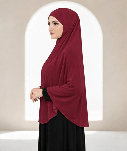 Premium Wine Instant Khimar Hijab with Black Lace Cuff Sleeves | Soft & Elegant Full Coverage | Marjina Trends