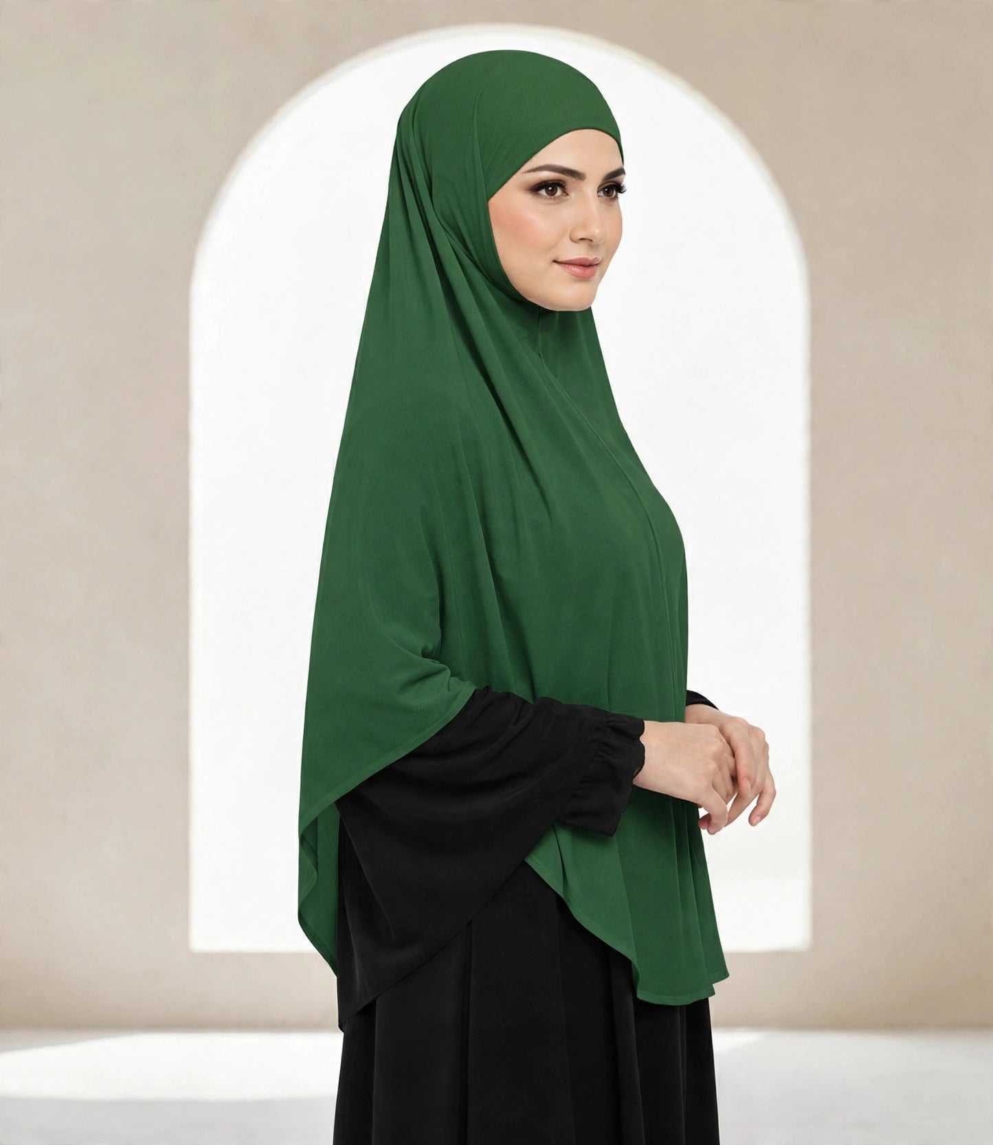 Premium Bottle Green Instant Khimar Hijab with Black Lace Cuff Sleeves | Soft & Elegant Full Coverage | Marjina Trends