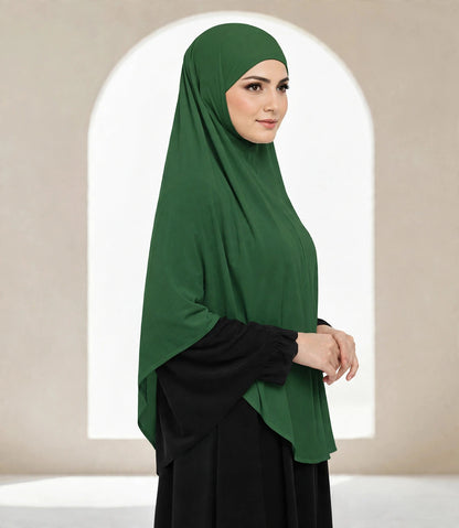 Premium Bottle Green Instant Khimar Hijab with Black Lace Cuff Sleeves | Soft & Elegant Full Coverage | Marjina Trends