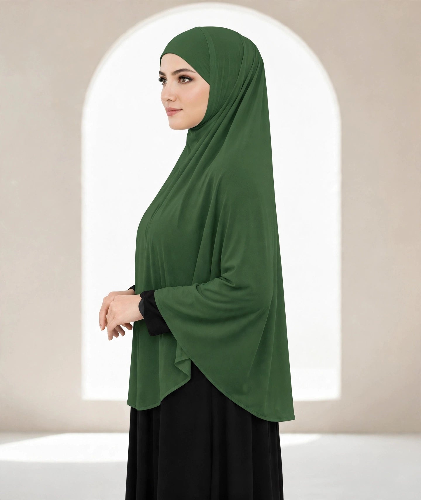 Premium Bottle Green Instant Khimar Hijab with Black Lace Cuff Sleeves | Soft & Elegant Full Coverage | Marjina Trends