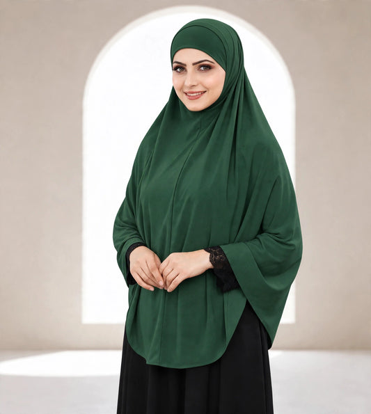 Premium Bottle Green Instant Khimar Hijab with Black Lace Cuff Sleeves | Soft & Elegant Full Coverage | Marjina Trends