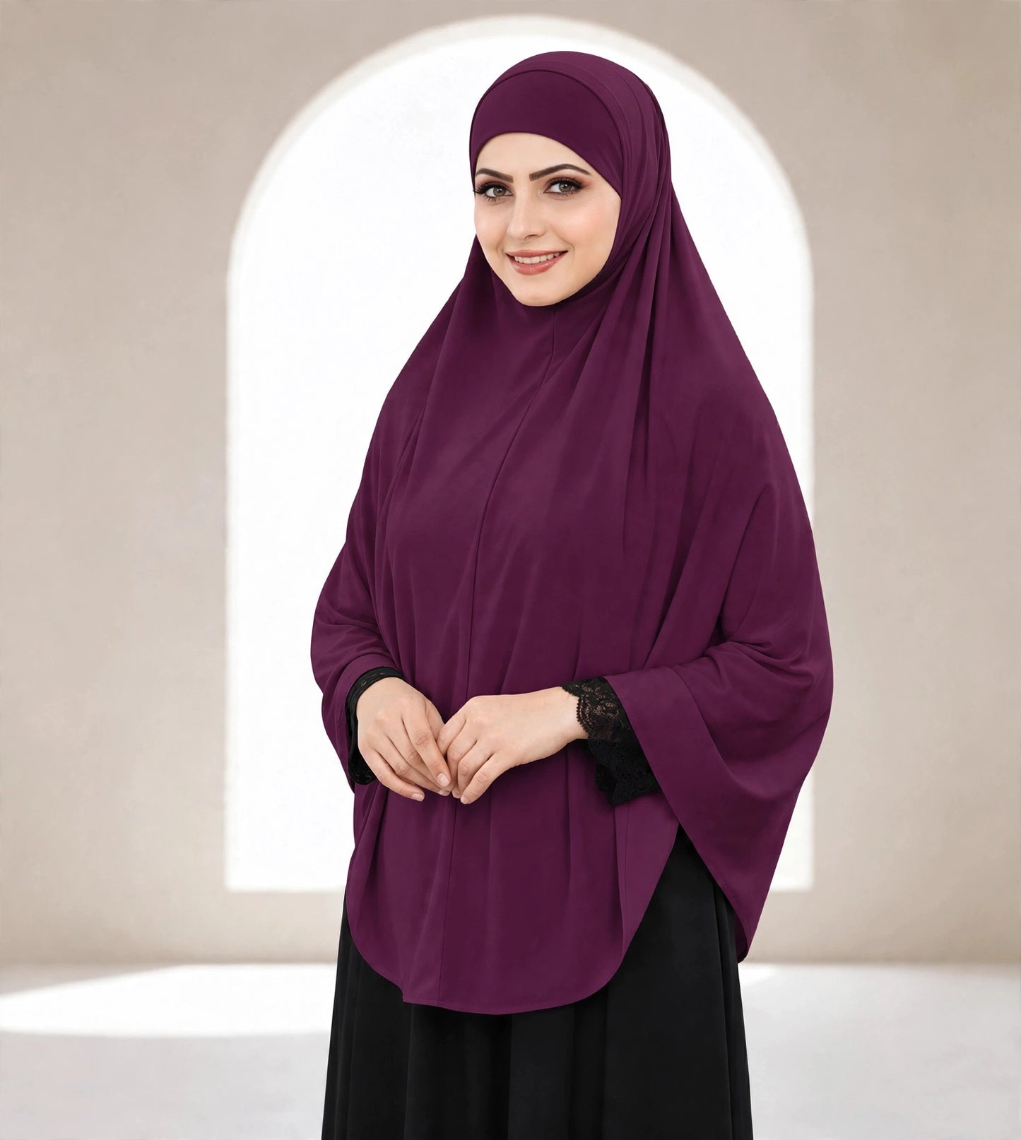 Premium Deep Plum Instant Khimar Hijab with Black Lace Cuff Sleeves | Soft & Elegant Full Coverage | Marjina Trends