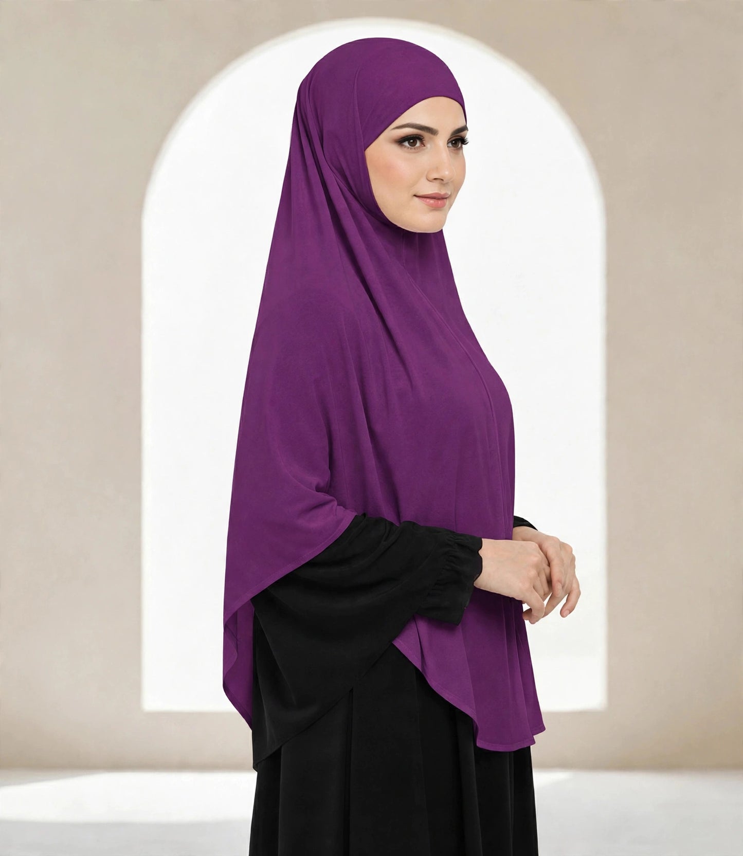 Premium Deep Plum Instant Khimar Hijab with Black Lace Cuff Sleeves | Soft & Elegant Full Coverage | Marjina Trends