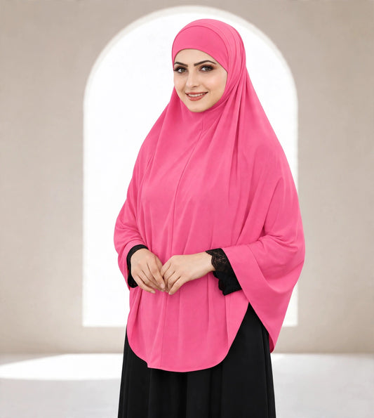 Premium Hot Pink Instant Khimar Hijab with Black Lace Cuff Sleeves | Soft & Elegant Full Coverage | Marjina Trends