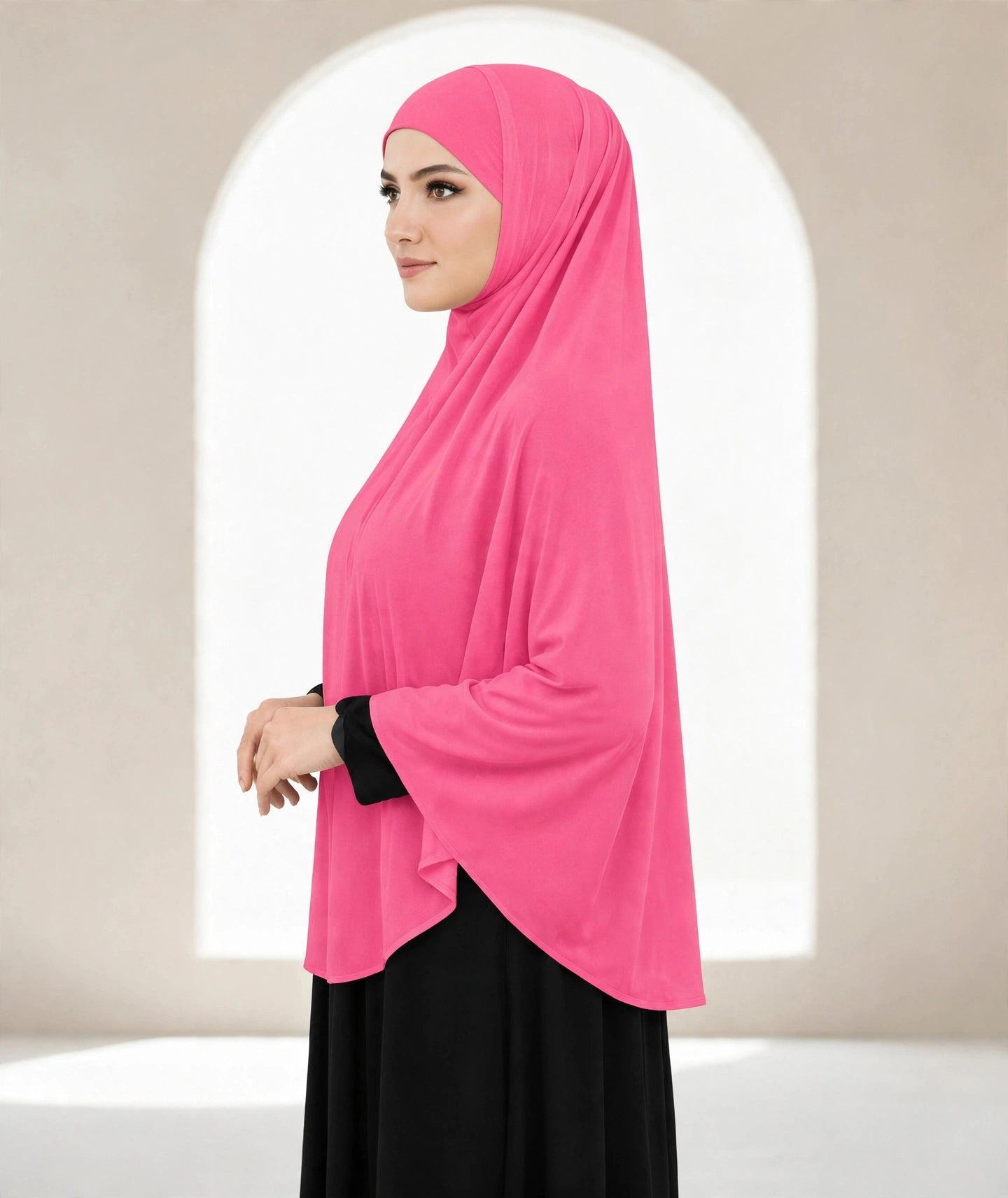 Premium Hot Pink Instant Khimar Hijab with Black Lace Cuff Sleeves | Soft & Elegant Full Coverage | Marjina Trends
