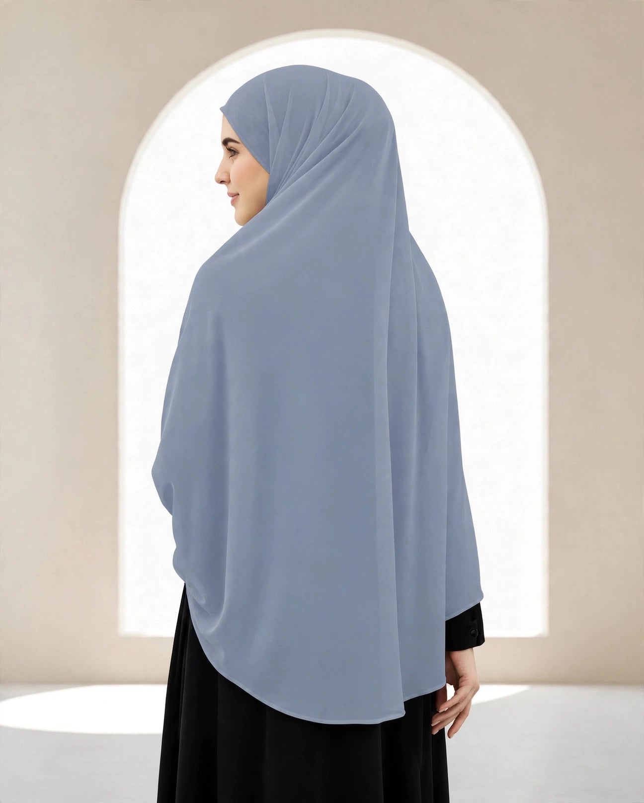 Premium Dusty Blue Instant Khimar Hijab with Black Lace Cuff Sleeves | Soft & Elegant Full Coverage | Marjina Trends