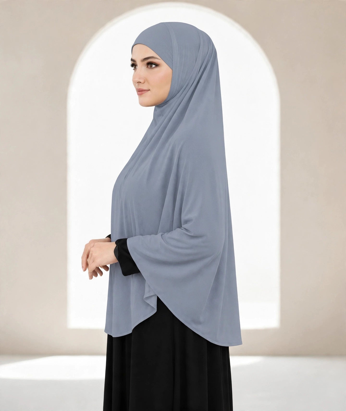 Premium Dusty Blue Instant Khimar Hijab with Black Lace Cuff Sleeves | Soft & Elegant Full Coverage | Marjina Trends
