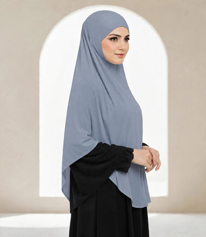 Premium Dusty Blue Instant Khimar Hijab with Black Lace Cuff Sleeves | Soft & Elegant Full Coverage | Marjina Trends
