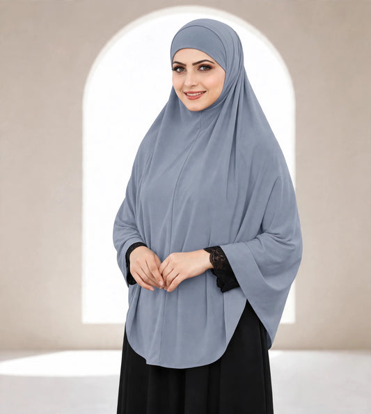 Premium Dusty Blue Instant Khimar Hijab with Black Lace Cuff Sleeves | Soft & Elegant Full Coverage | Marjina Trends