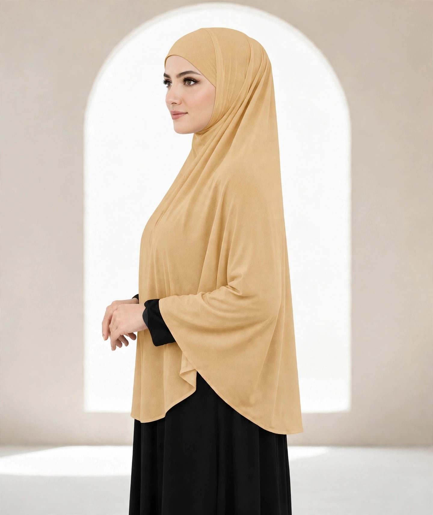 Premium Beige Instant Khimar Hijab with Black Lace Cuff Sleeves | Soft & Elegant Full Coverage | Marjina Trends