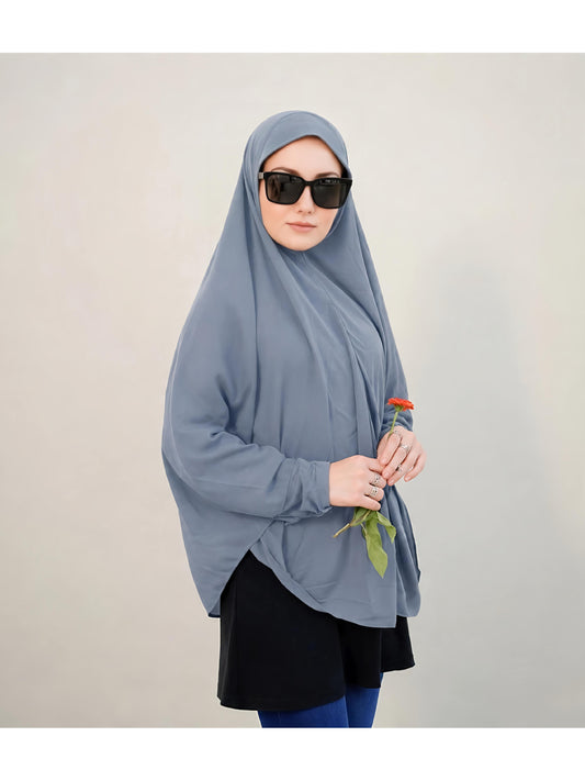 Premium Instant Khimar Hijab with Sleeves – Steel Grey | Soft Stretch Jersey | Marjina Trends