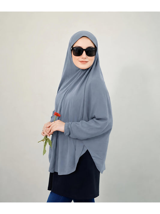 Premium Instant Khimar Hijab with Sleeves – Steel Grey | Soft Stretch Jersey | Marjina Trends