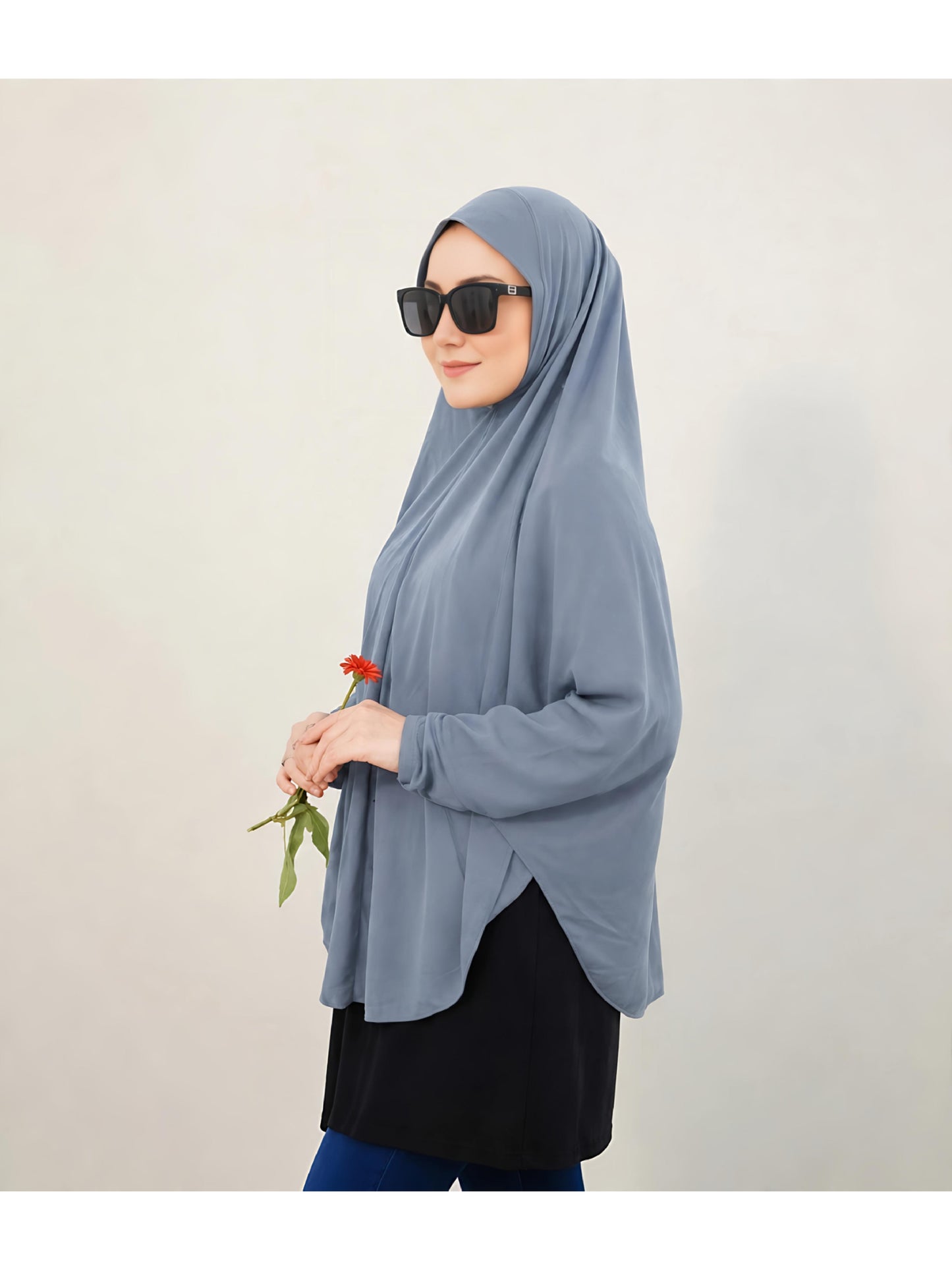 Premium Instant Khimar Hijab with Sleeves – Steel Grey | Soft Stretch Jersey | Marjina Trends