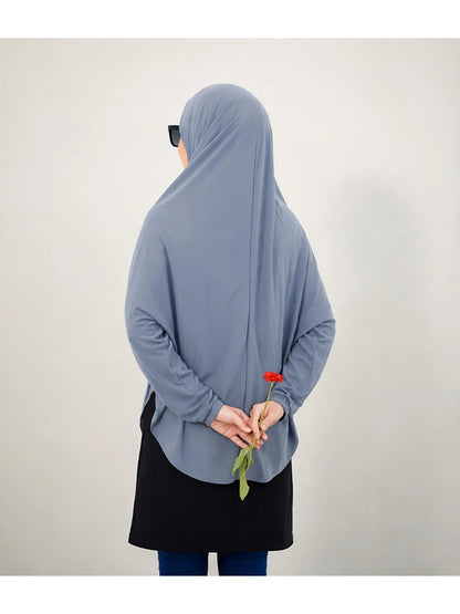 Premium Instant Khimar Hijab with Sleeves – Steel Grey | Soft Stretch Jersey | Marjina Trends
