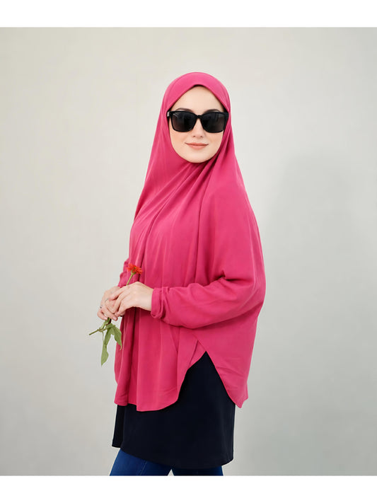 Premium Instant Khimar Hijab with Sleeves – Rose Pink | Soft Stretch Jersey