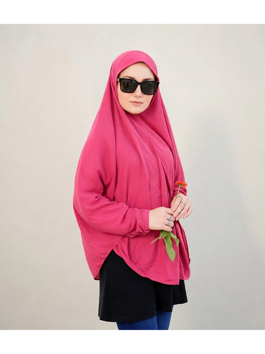 Premium Instant Khimar Hijab with Sleeves – Rose Pink | Soft Stretch Jersey