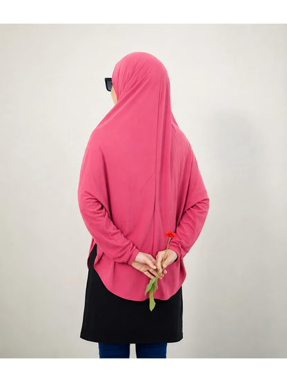 Premium Instant Khimar Hijab with Sleeves – Rose Pink | Soft Stretch Jersey