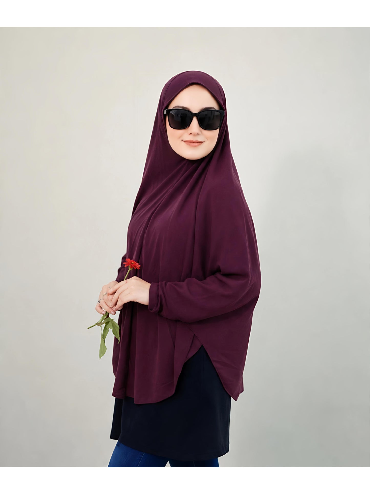 Premium Instant Khimar Hijab with Sleeves – Deep Plum | Soft Stretch Jersey