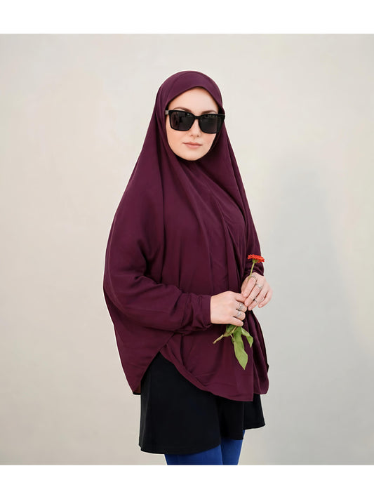 Premium Instant Khimar Hijab with Sleeves – Deep Plum | Soft Stretch Jersey